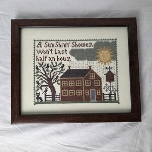 Handmade Framed Cross Stitch Folk Art Colonial House Sunshine Shower Cat Rain